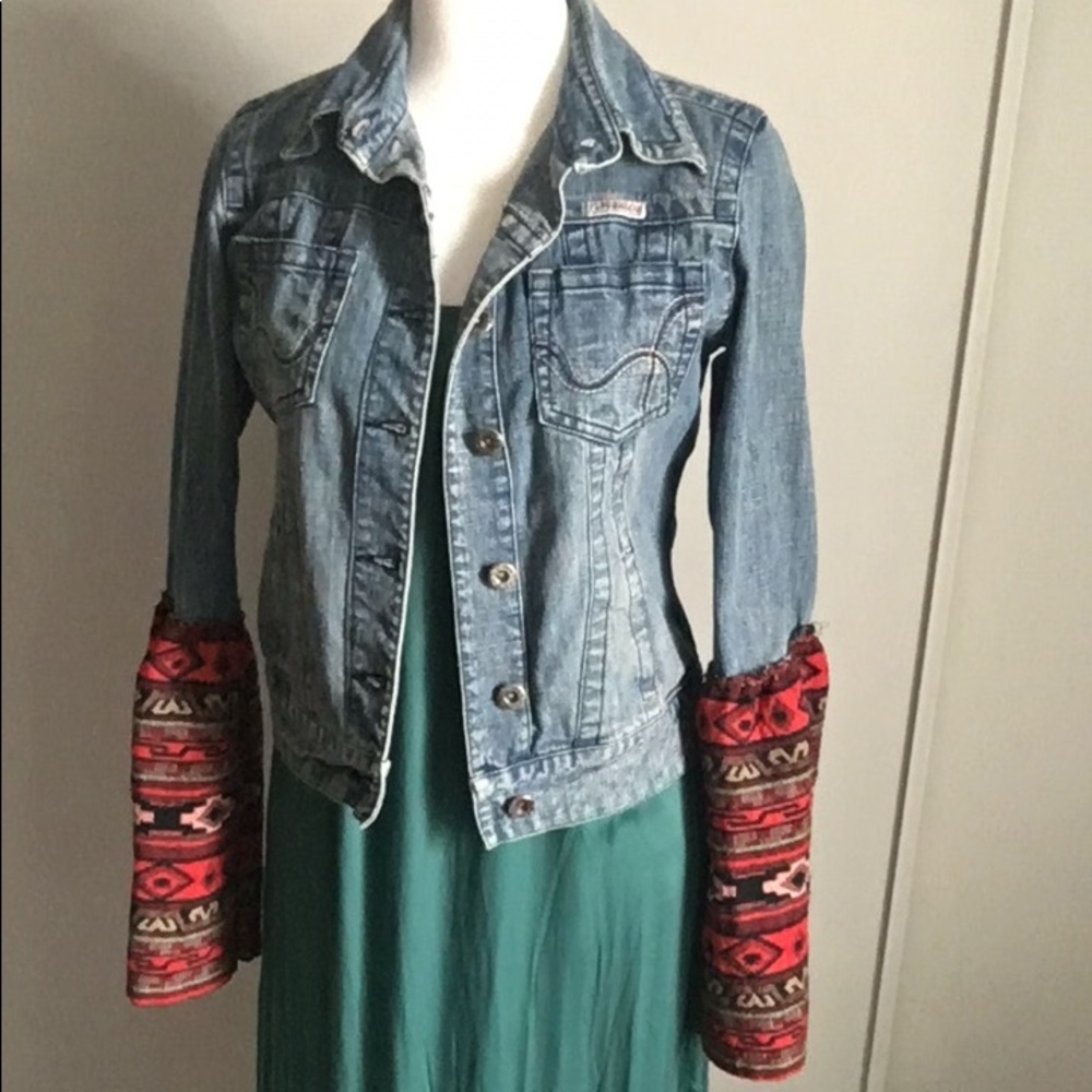 Hydraulic Vintage Upcycled Boho Southwestern Cowgirl Button Up Denim Jean Jacket